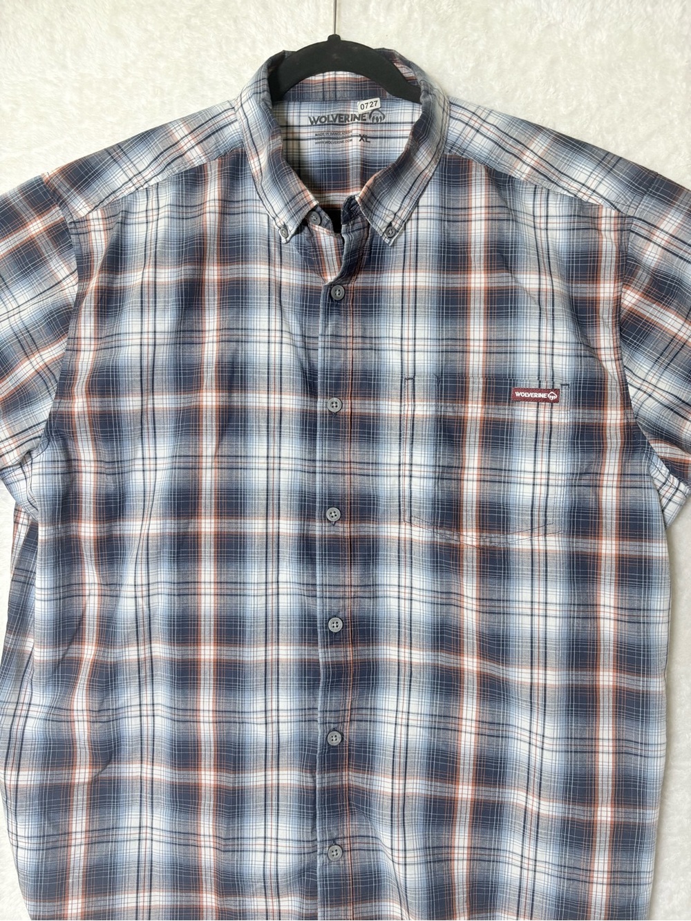 Wolverine Navy, White & Rust Plaid Short-Sleeve Button-Down Shirt  XL 0727